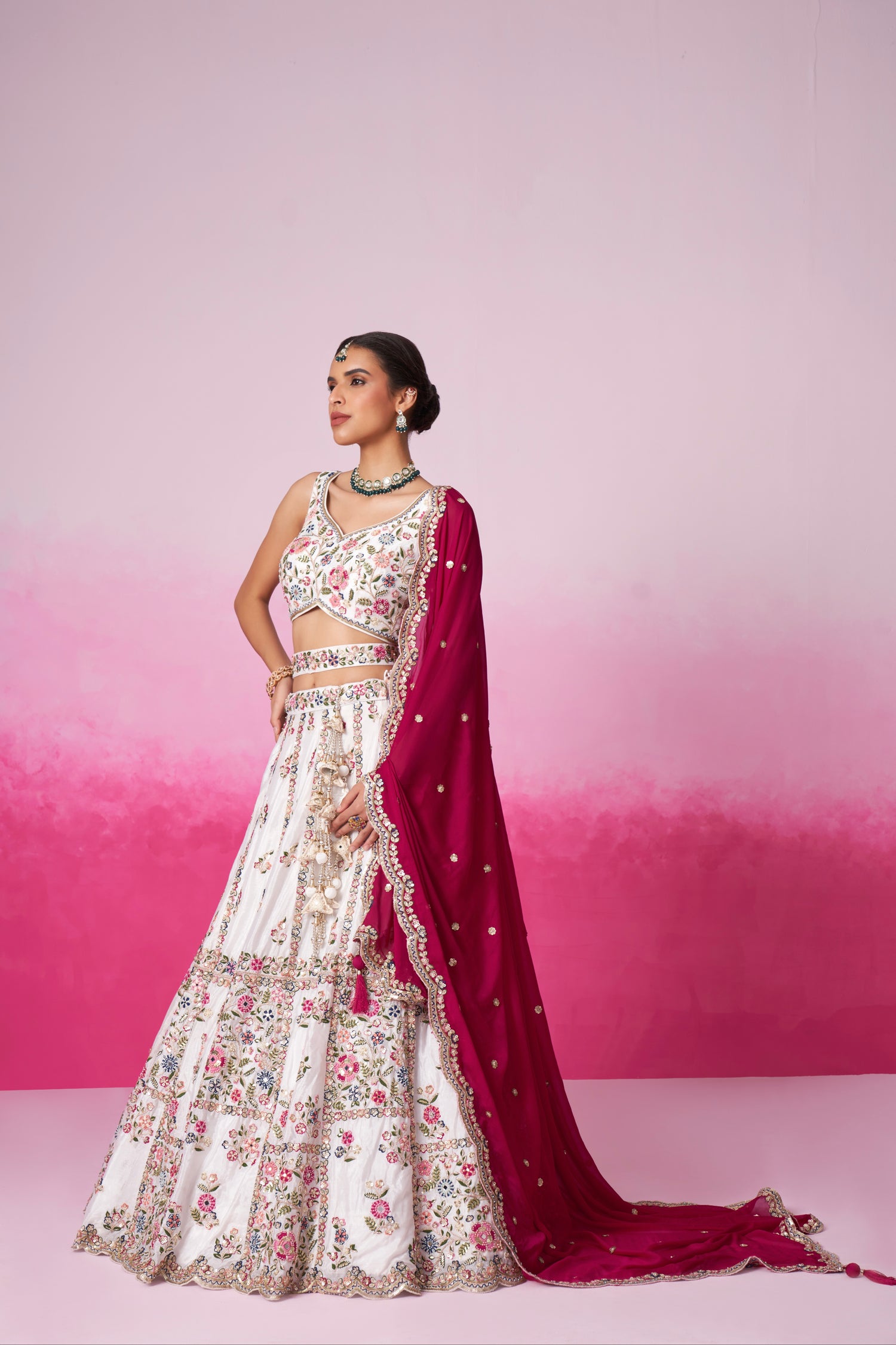 Cream Georgette Sequins Embroidery Bridal Lehenga Choli &amp; Dupatta