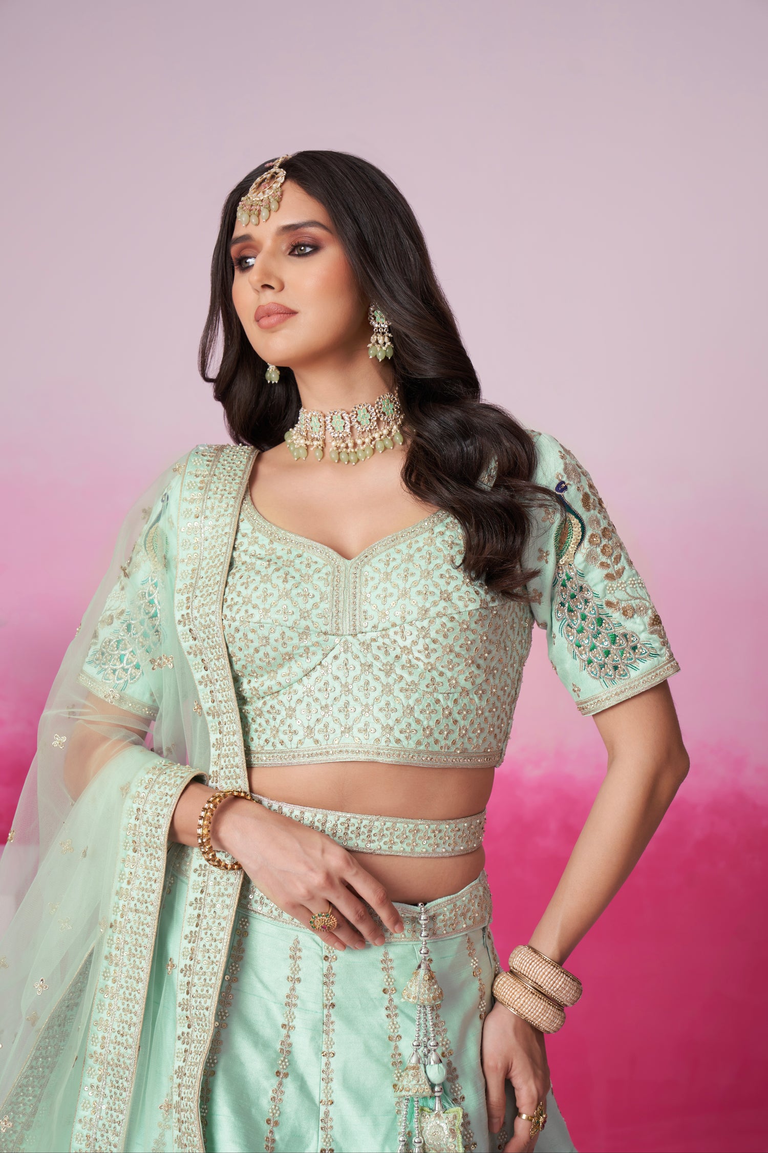 Sea Green Pure Silk Sequins Embroidery Bridal Lehenga Choli &amp; Dupatta
