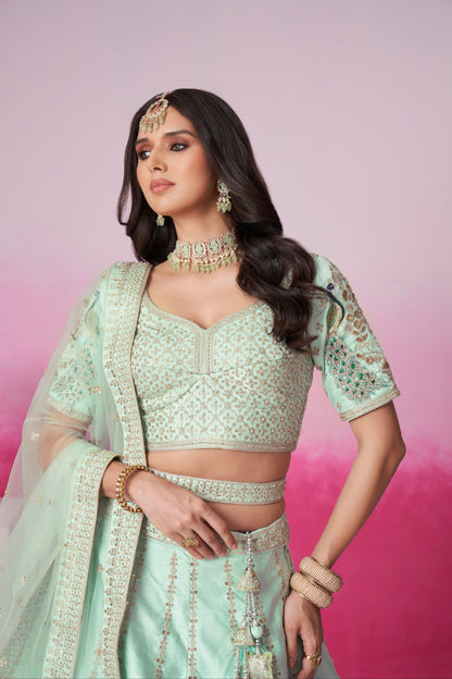Sea Green Pure Silk Sequins Embroidery Bridal Lehenga Choli &amp; Dupatta