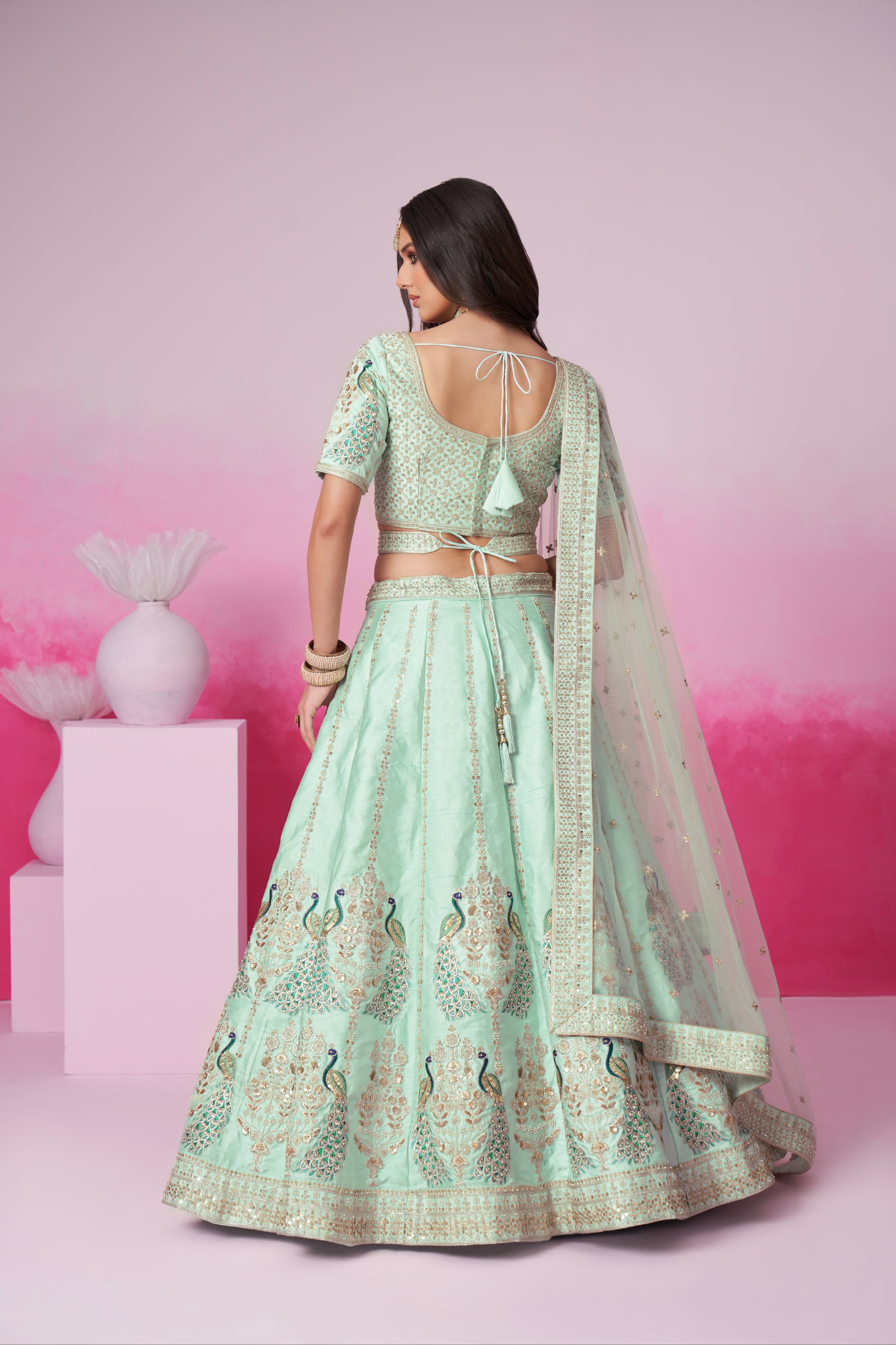 Sea Green Pure Silk Sequins Embroidery Bridal Lehenga Choli &amp; Dupatta