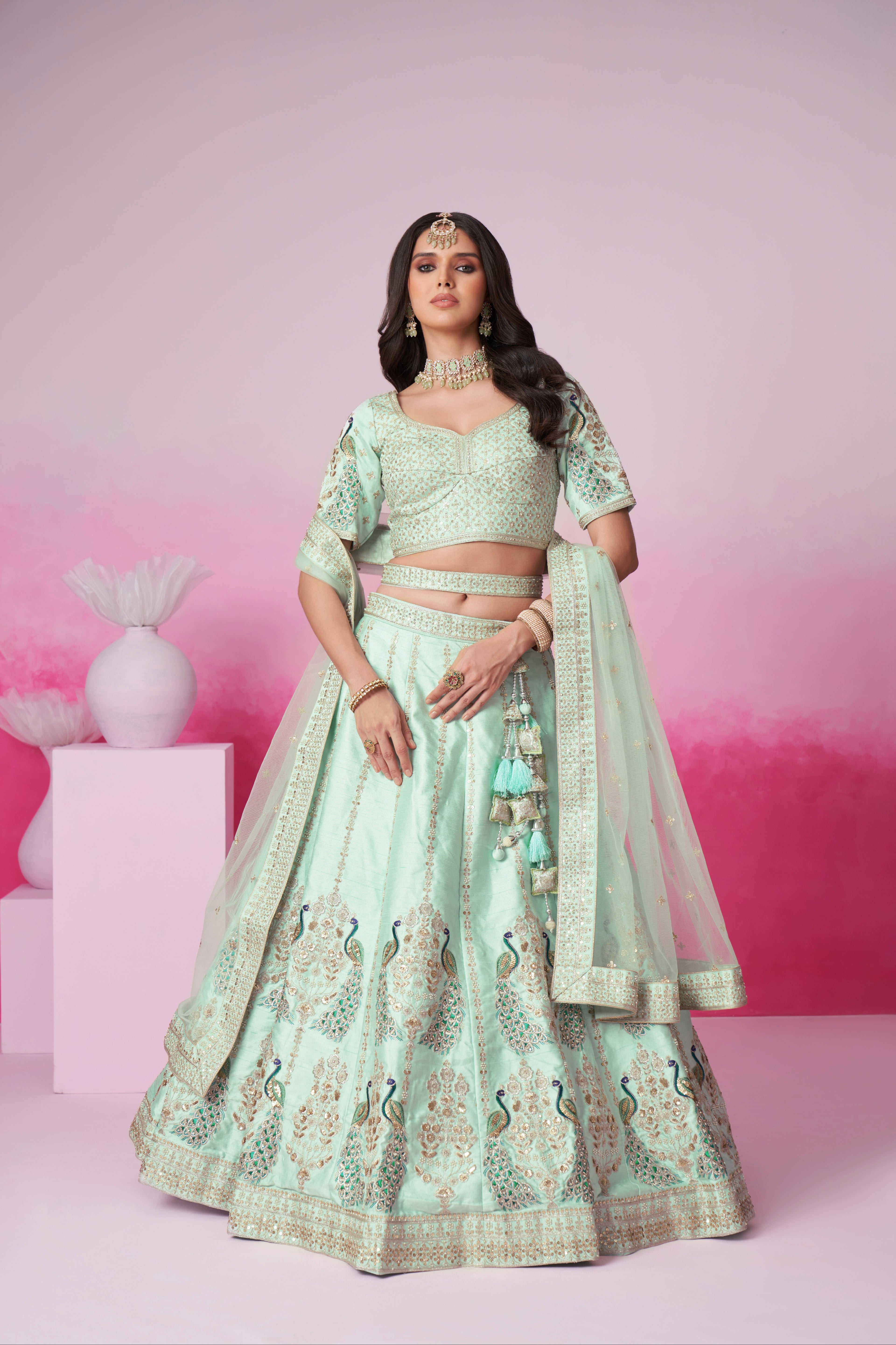 Sea Green Pure Silk Sequins Embroidery Bridal Lehenga Choli &amp; Dupatta