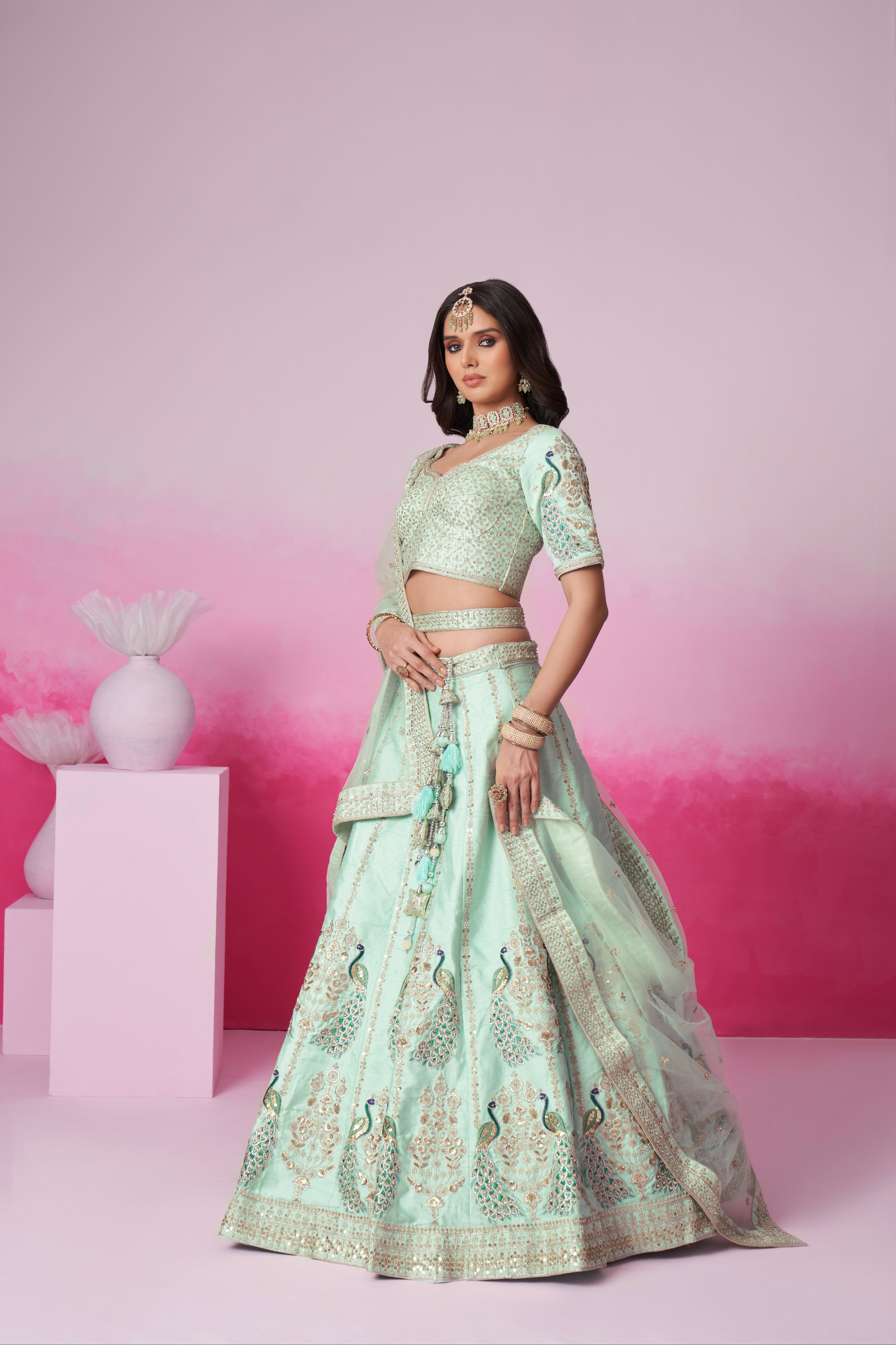 Sea Green Pure Silk Sequins Embroidery Bridal Lehenga Choli &amp; Dupatta