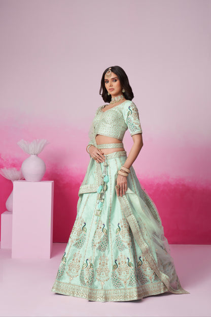 Sea Green Pure Silk Sequins Embroidery Bridal Lehenga Choli &amp; Dupatta
