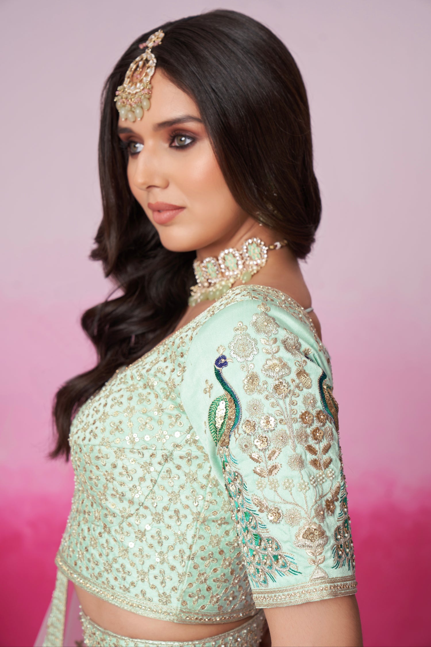 Sea Green Pure Silk Sequins Embroidery Bridal Lehenga Choli &amp; Dupatta