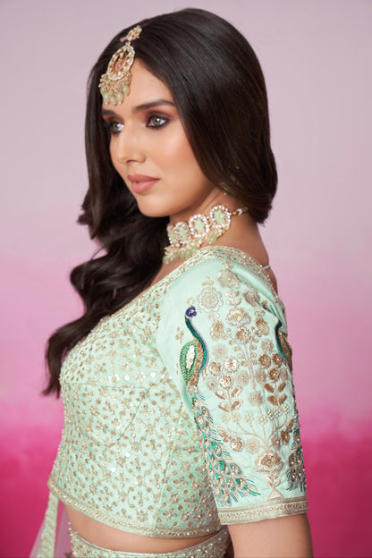 Sea Green Pure Silk Sequins Embroidery Bridal Lehenga Choli &amp; Dupatta