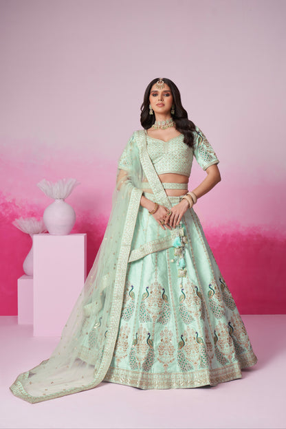 Sea Green Pure Silk Sequins Embroidery Bridal Lehenga Choli &amp; Dupatta