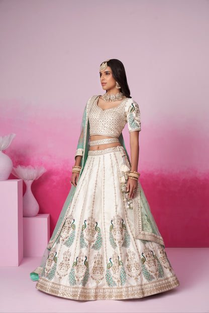 Cream Pure Silk Sequins Embroidery Bridal Lehenga Choli &amp; Dupatta