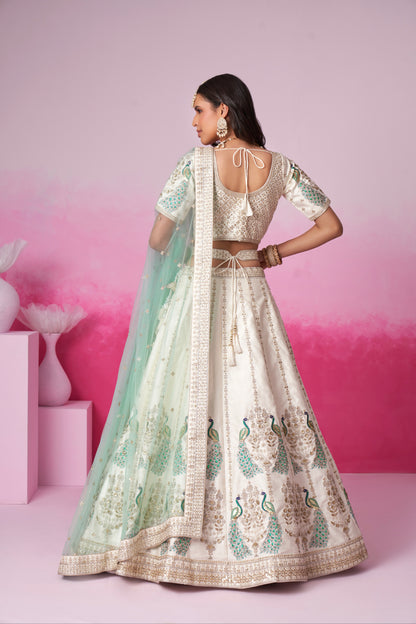 Cream Pure Silk Sequins Embroidery Bridal Lehenga Choli &amp; Dupatta
