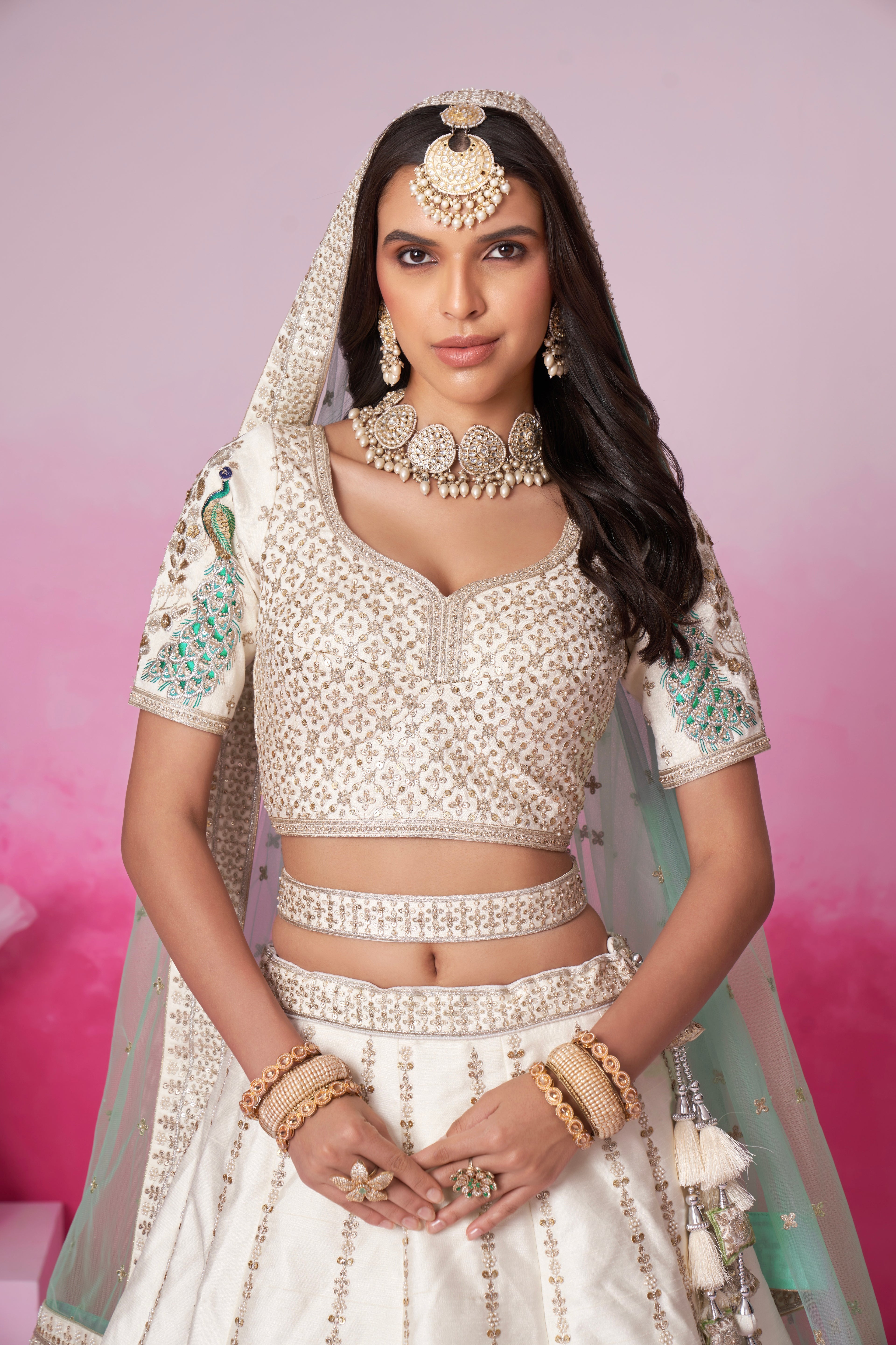 Cream Pure Silk Sequins Embroidery Bridal Lehenga Choli &amp; Dupatta