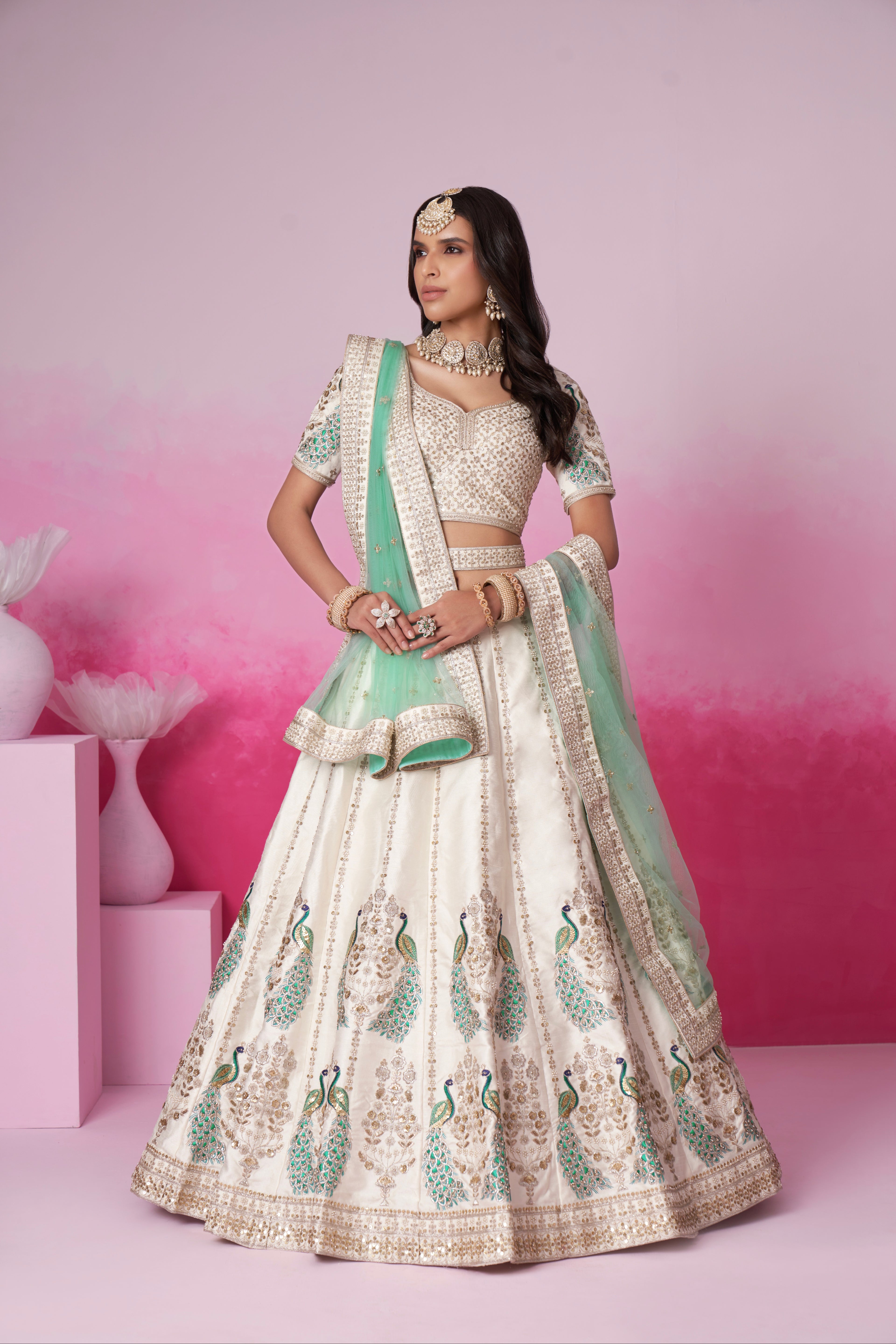 Cream Pure Silk Sequins Embroidery Bridal Lehenga Choli &amp; Dupatta