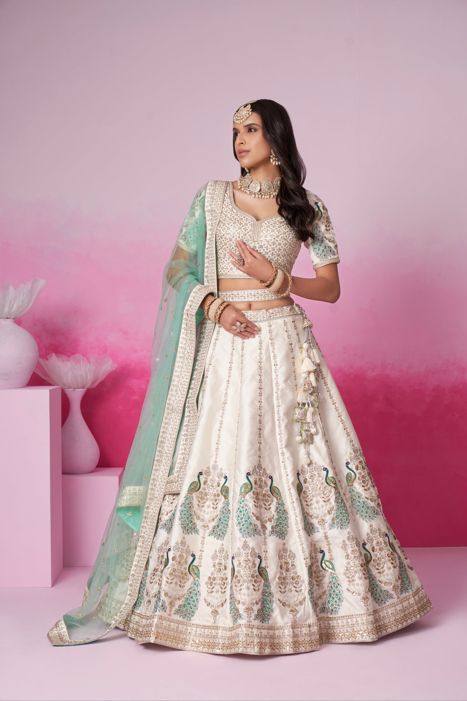 Cream Pure Silk Sequins Embroidery Bridal Lehenga Choli &amp; Dupatta