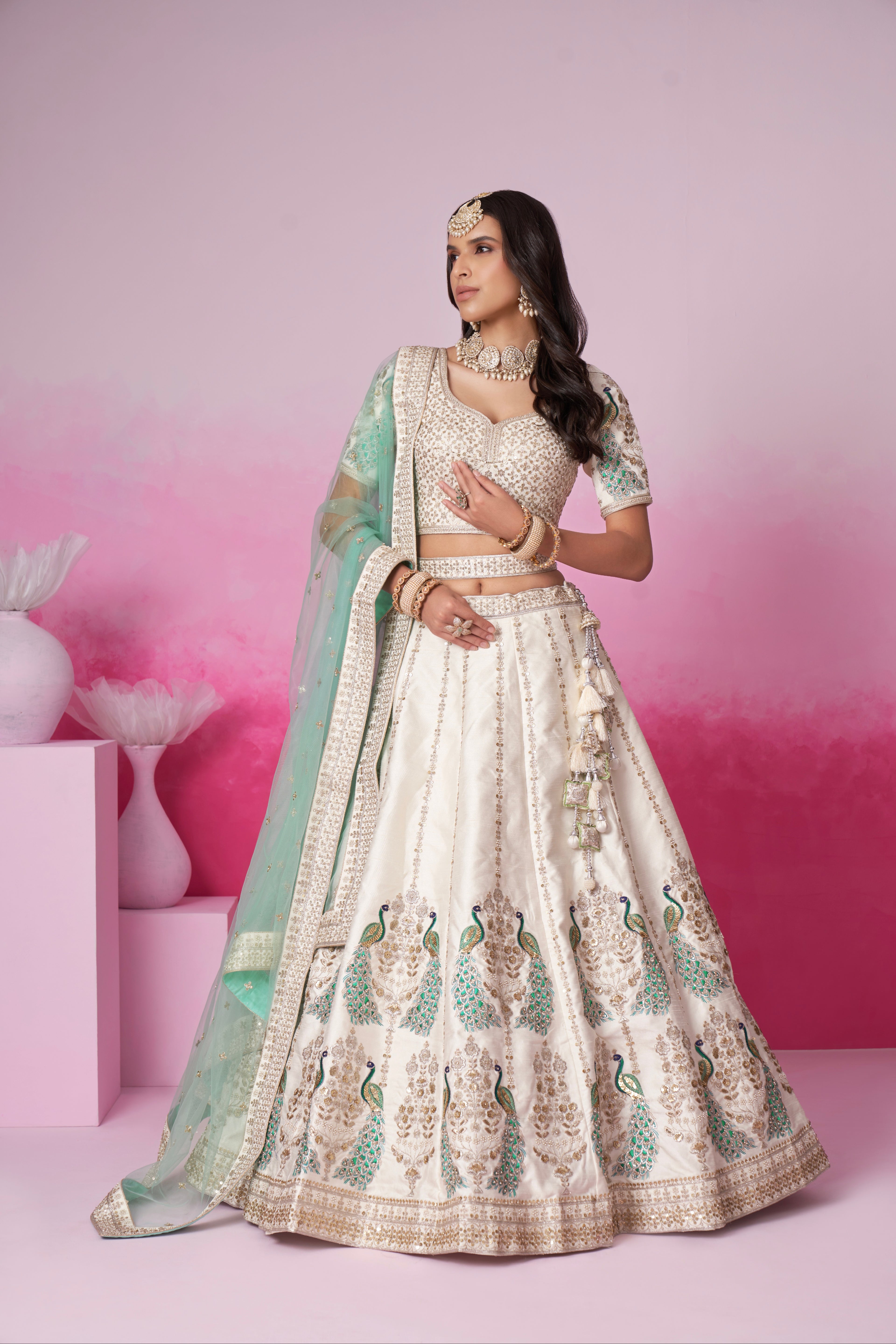 Cream Pure Silk Sequins Embroidery Bridal Lehenga Choli &amp; Dupatta