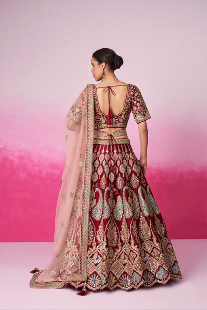 Red Pure Silk Sequins Embroidery Bridal Lehenga Choli &amp; Dupatta