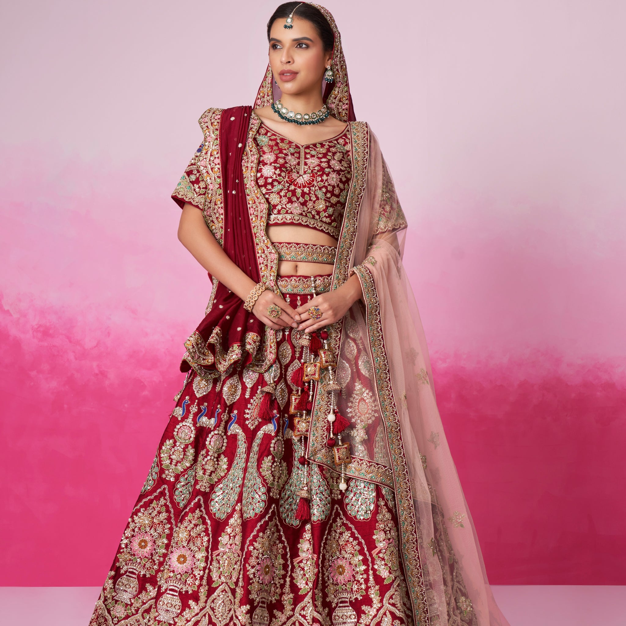 Red Pure Silk Sequins Embroidery Bridal Lehenga Choli & Dupatta