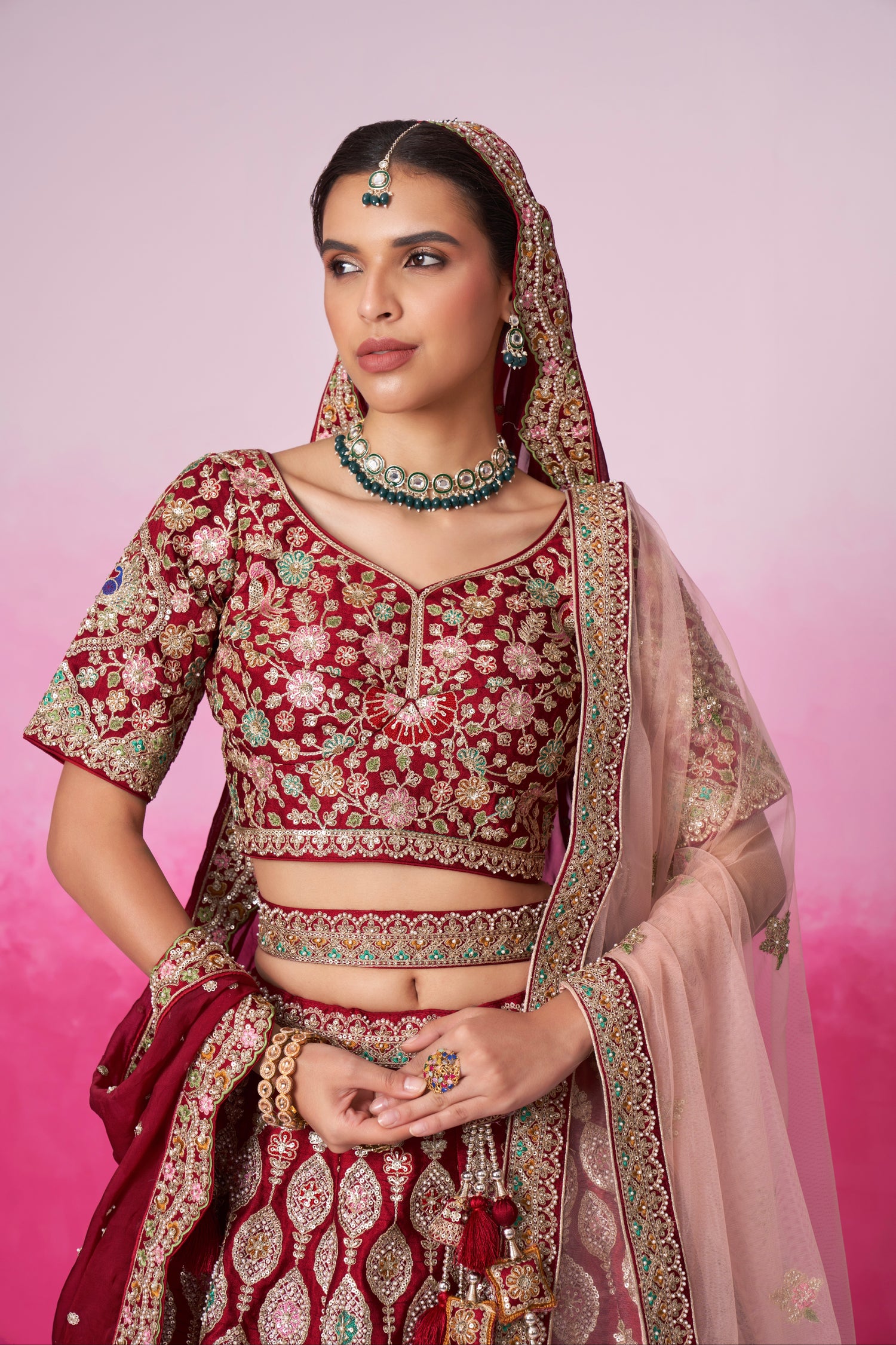 Red Pure Silk Sequins Embroidery Bridal Lehenga Choli &amp; Dupatta