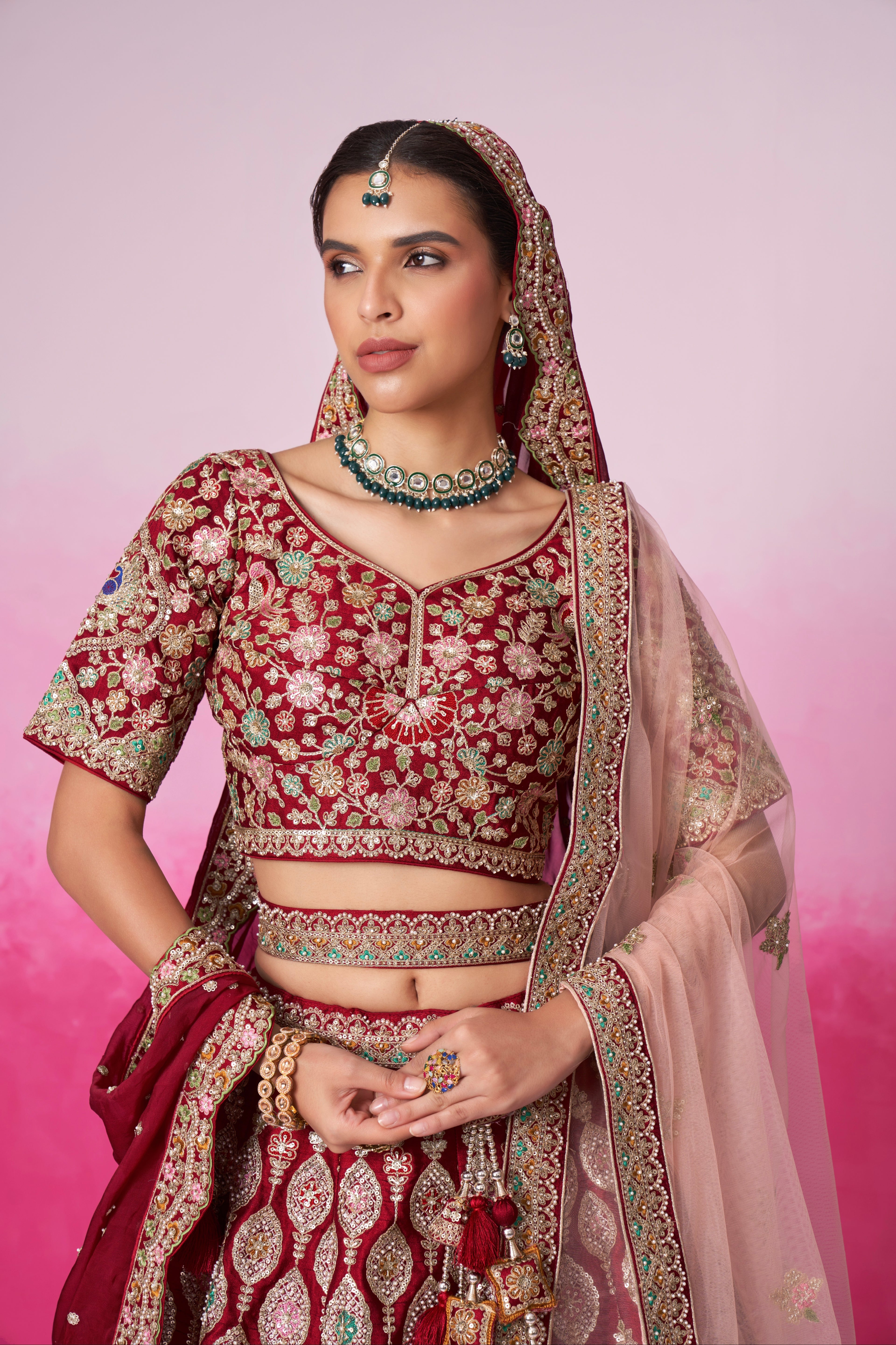 Red Pure Silk Sequins Embroidery Bridal Lehenga Choli &amp; Dupatta