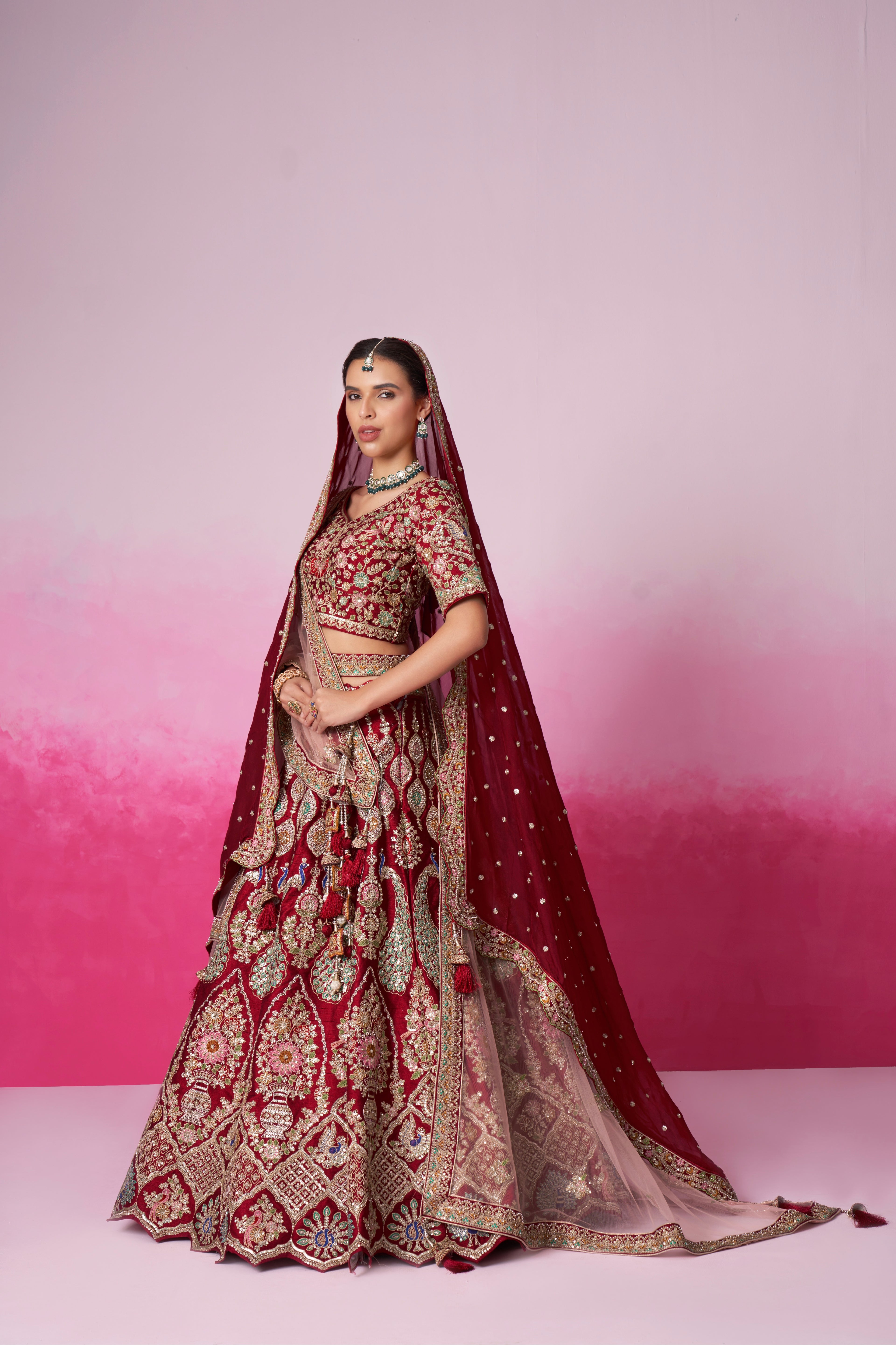 Red Pure Silk Sequins Embroidery Bridal Lehenga Choli &amp; Dupatta