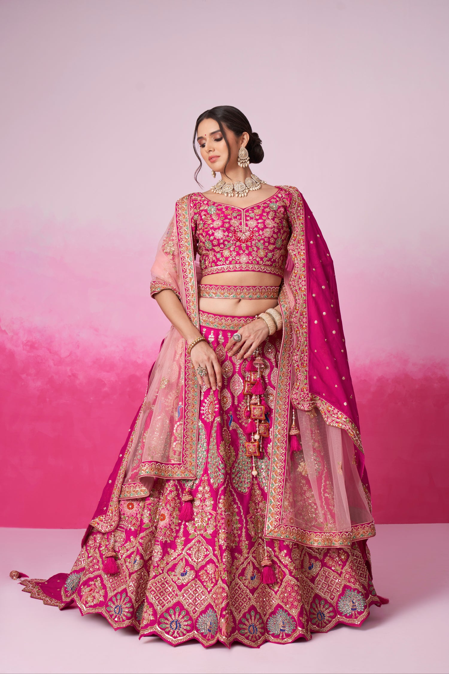 Pink Pure Silk Sequins Embroidery Bridal Lehenga Choli &amp; Dupatta