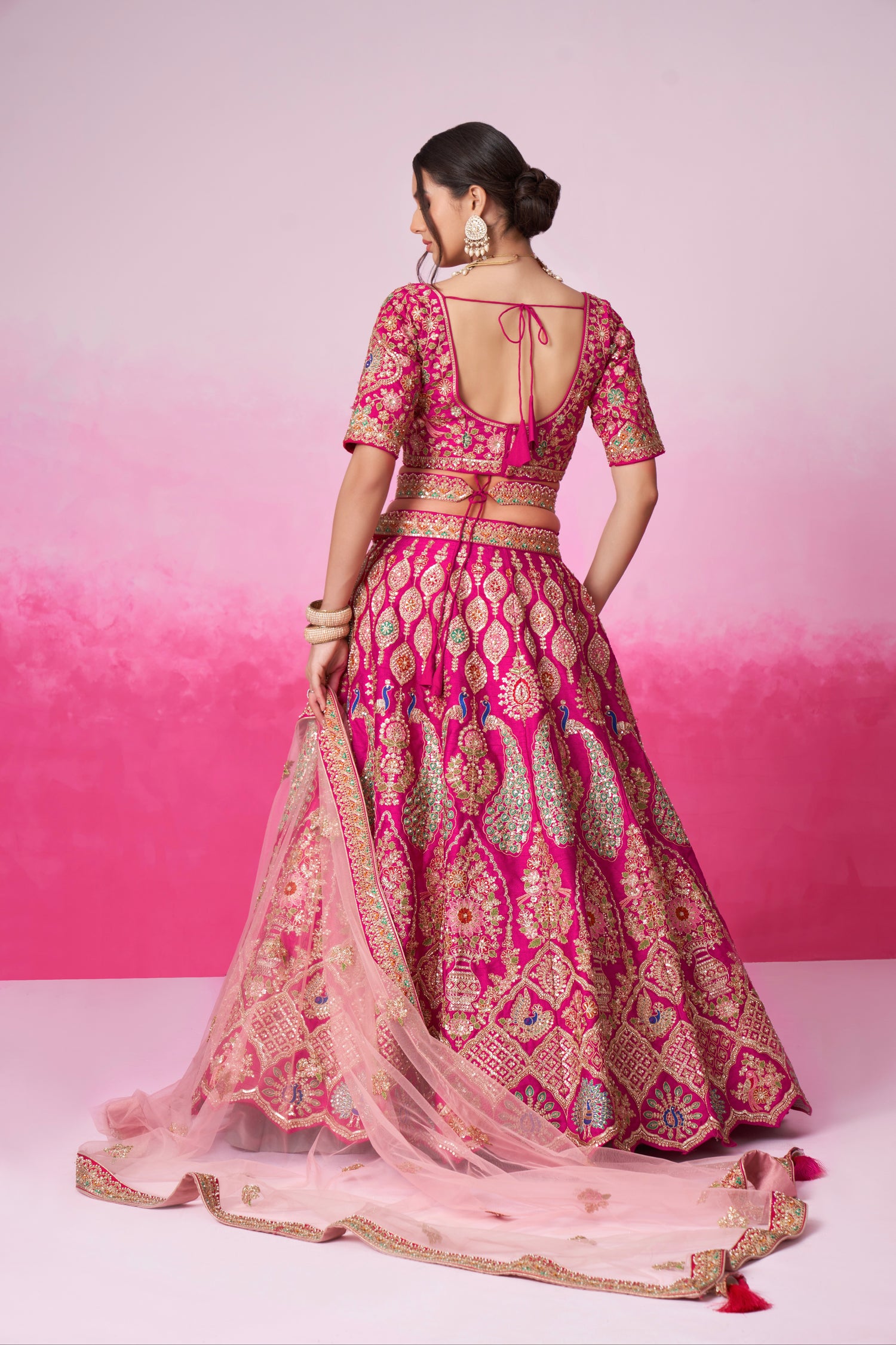 Pink Pure Silk Sequins Embroidery Bridal Lehenga Choli &amp; Dupatta