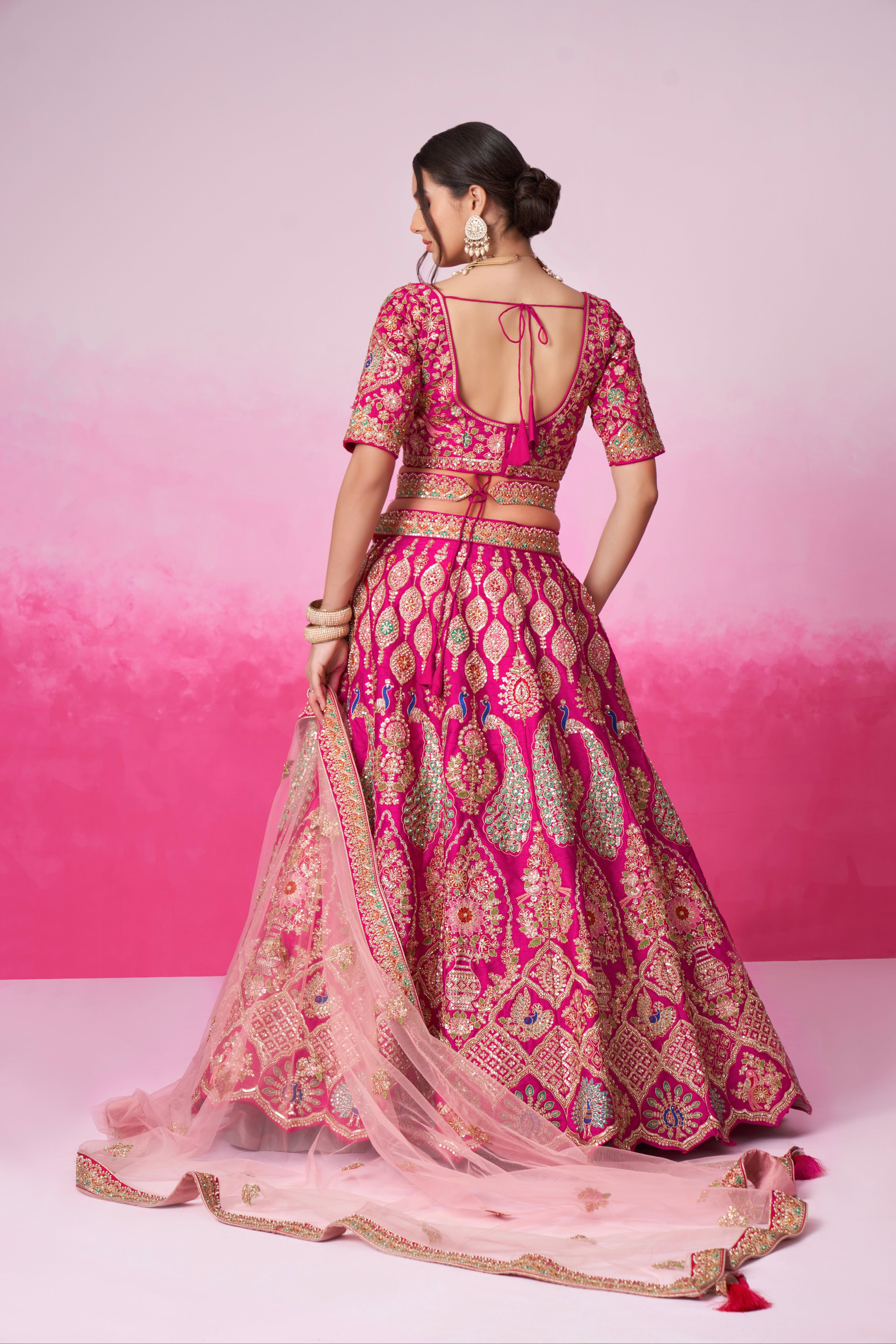 Pink Pure Silk Sequins Embroidery Bridal Lehenga Choli &amp; Dupatta