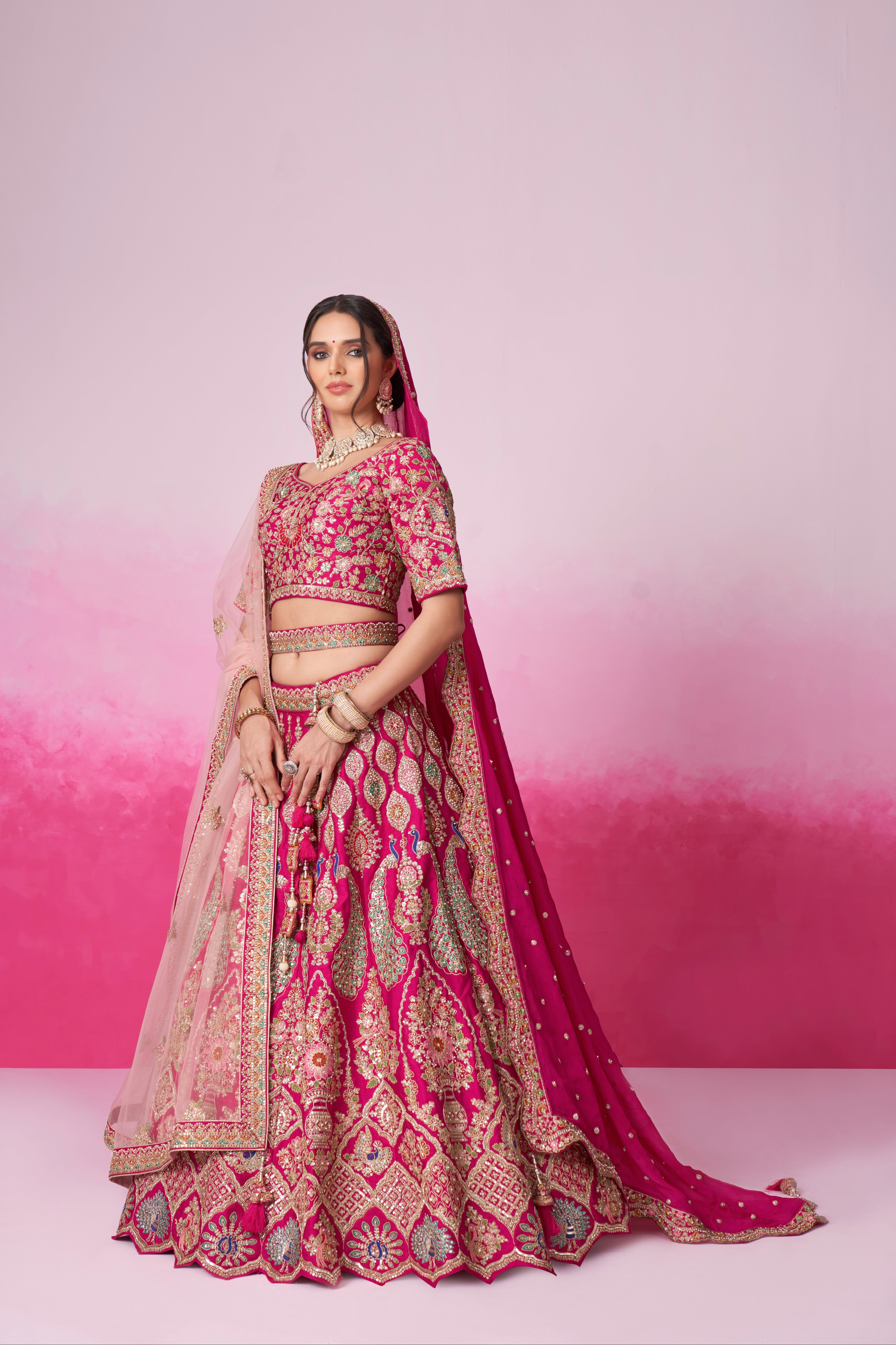 Pink Pure Silk Sequins Embroidery Bridal Lehenga Choli &amp; Dupatta