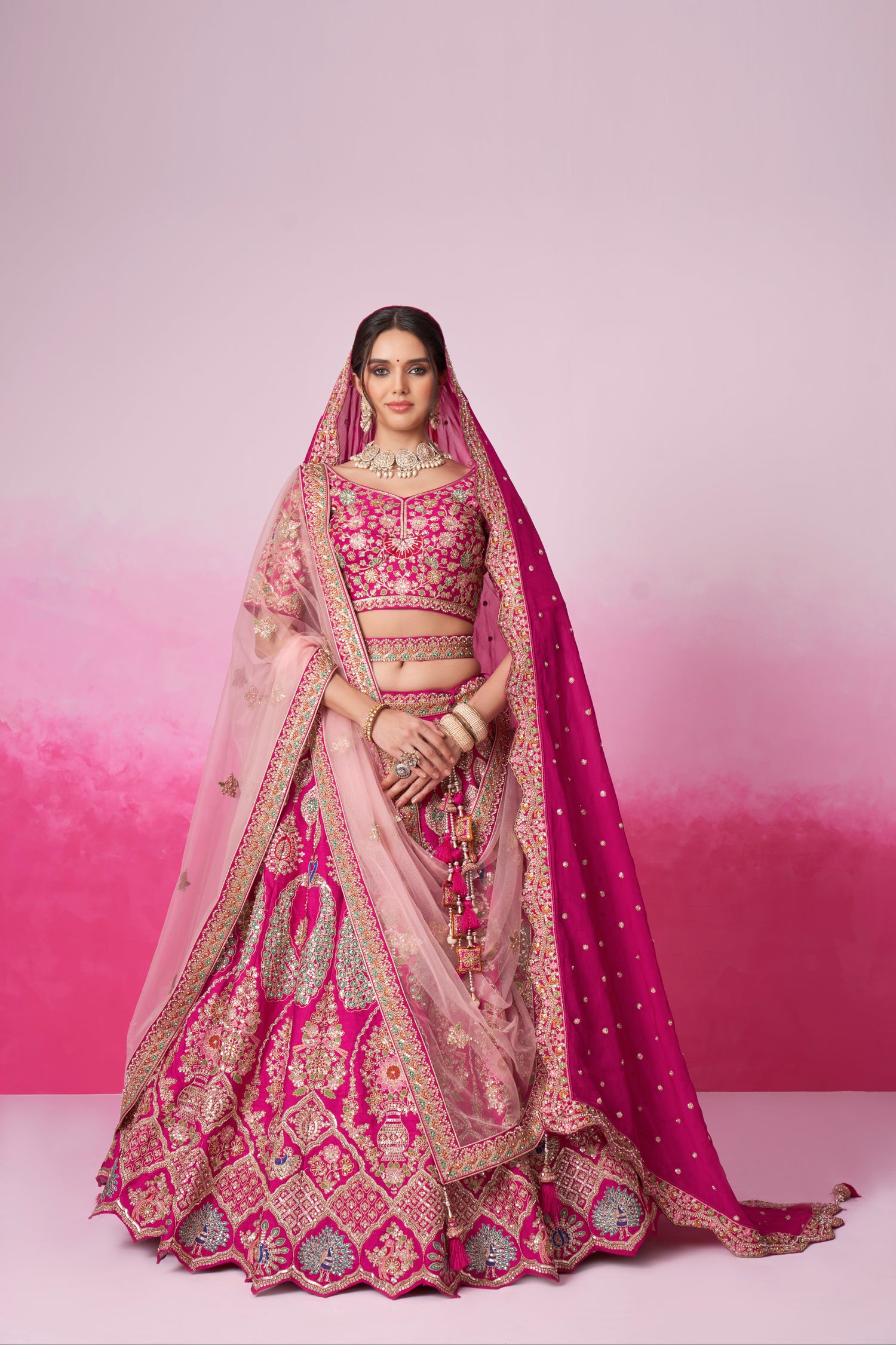 Pink Pure Silk Sequins Embroidery Bridal Lehenga Choli &amp; Dupatta