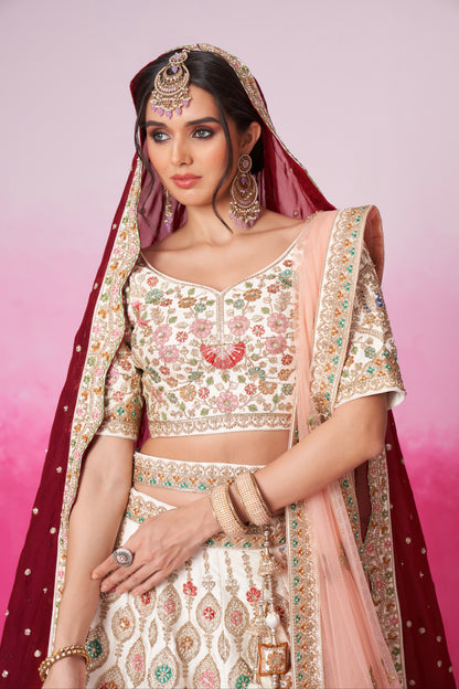 Cream Pure Silk Sequins Embroidery Bridal Lehenga Choli &amp; Dupatta