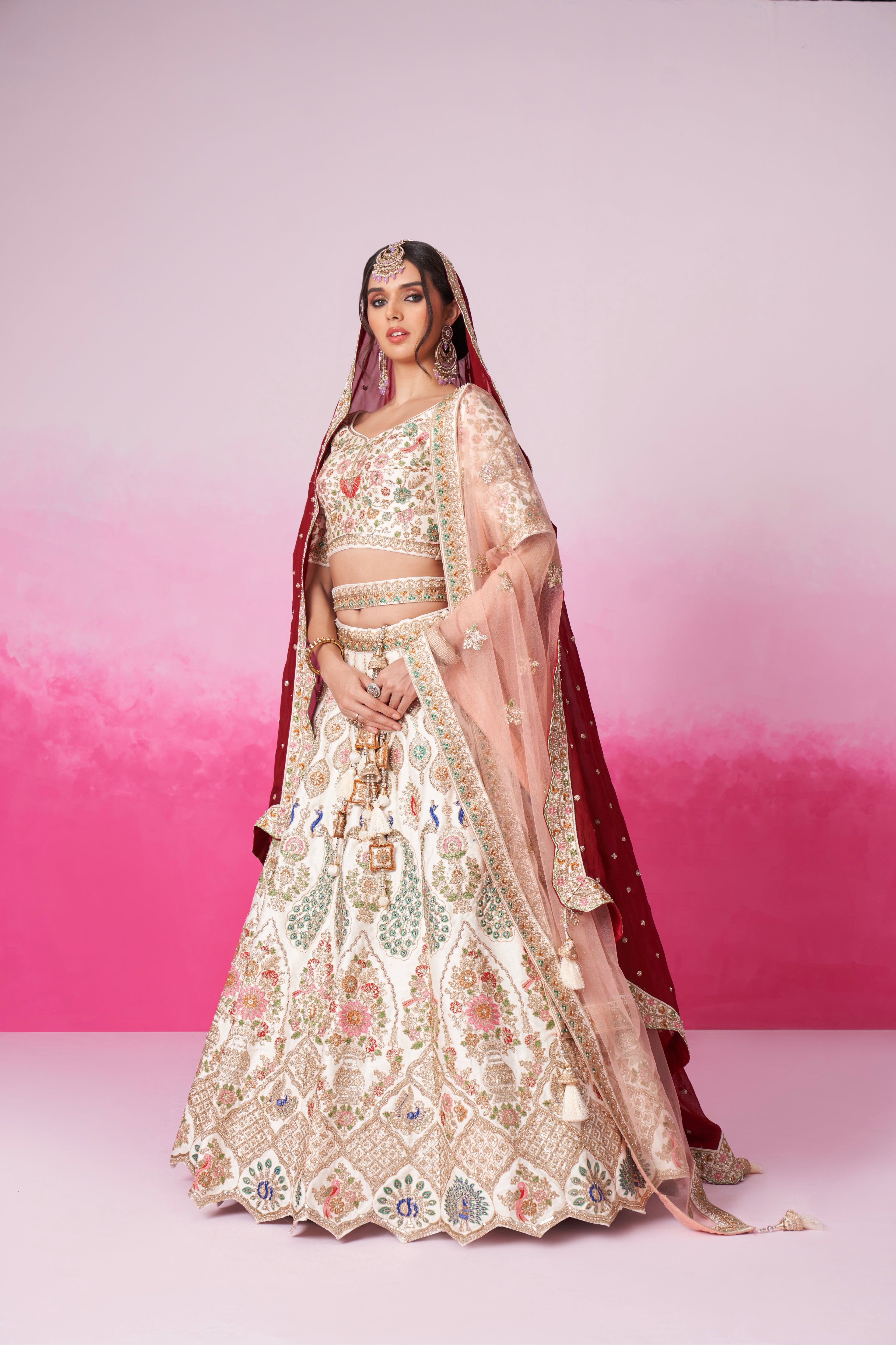 Cream Pure Silk Sequins Embroidery Bridal Lehenga Choli &amp; Dupatta