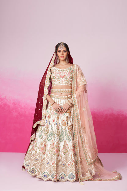 Cream Pure Silk Sequins Embroidery Bridal Lehenga Choli &amp; Dupatta