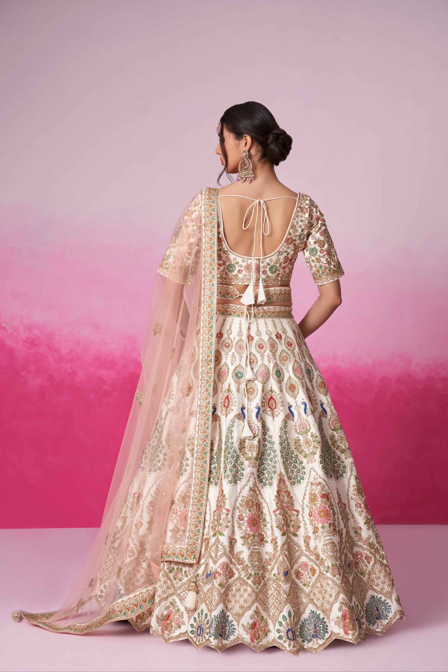 Cream Pure Silk Sequins Embroidery Bridal Lehenga Choli &amp; Dupatta