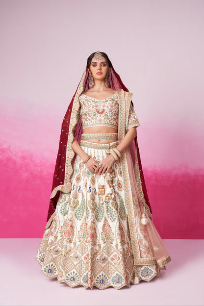 Cream Pure Silk Sequins Embroidery Bridal Lehenga Choli &amp; Dupatta