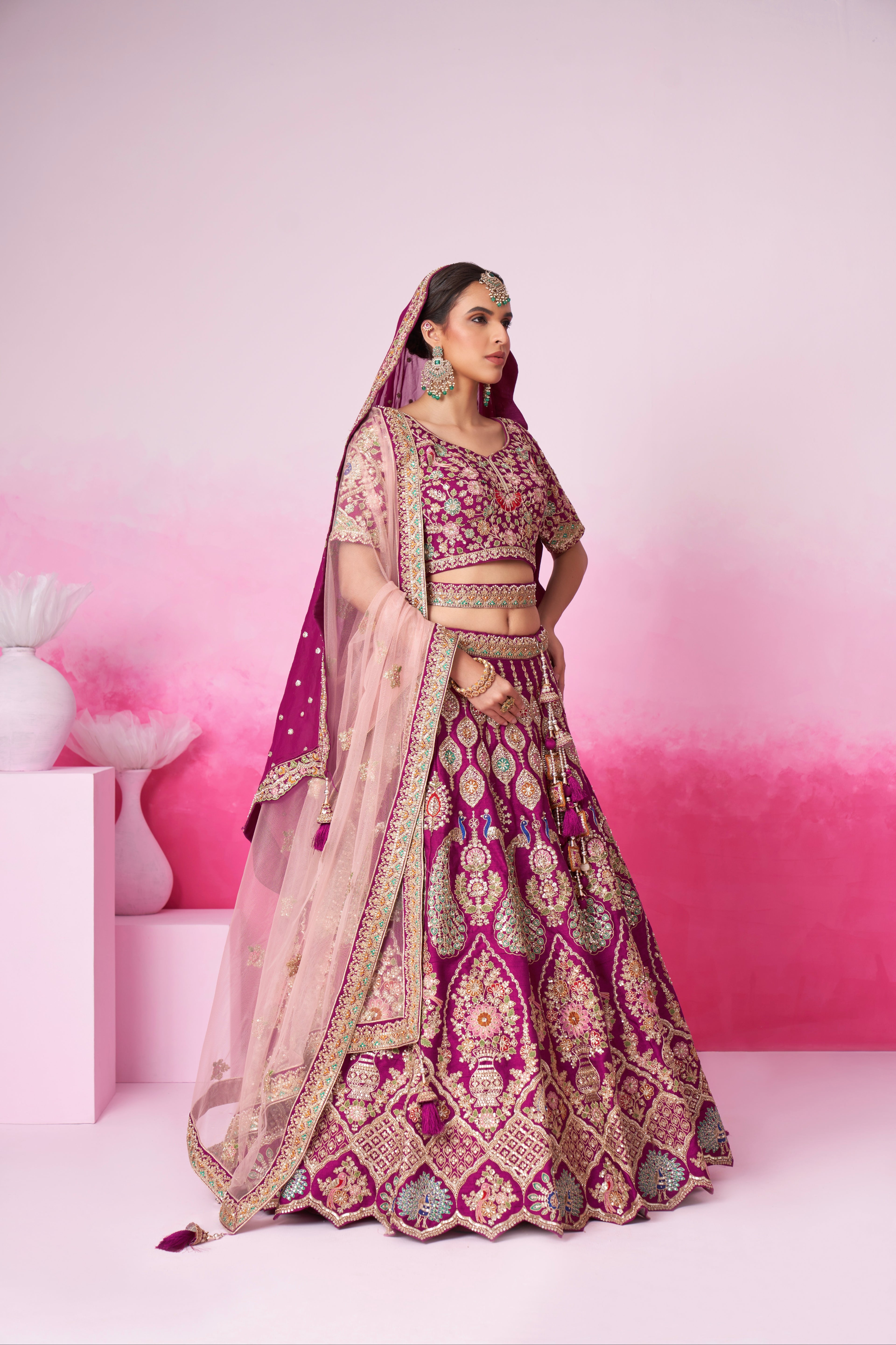 Burgundy Pure Silk Sequins Embroidery Bridal Lehenga Choli &amp; Dupatta
