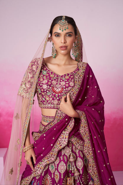 Burgundy Pure Silk Sequins Embroidery Bridal Lehenga Choli &amp; Dupatta