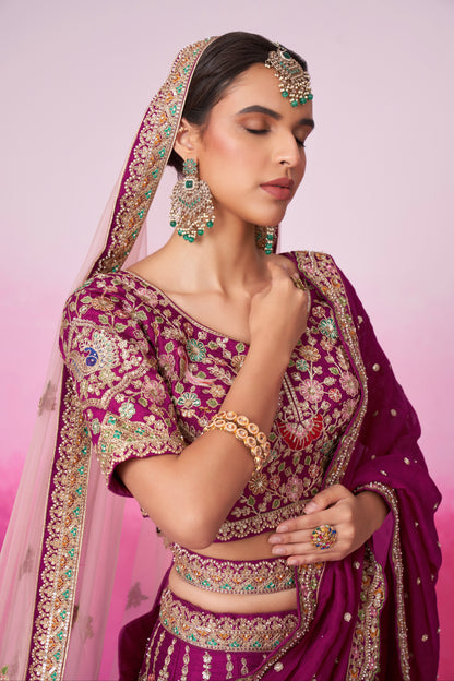Burgundy Pure Silk Sequins Embroidery Bridal Lehenga Choli &amp; Dupatta