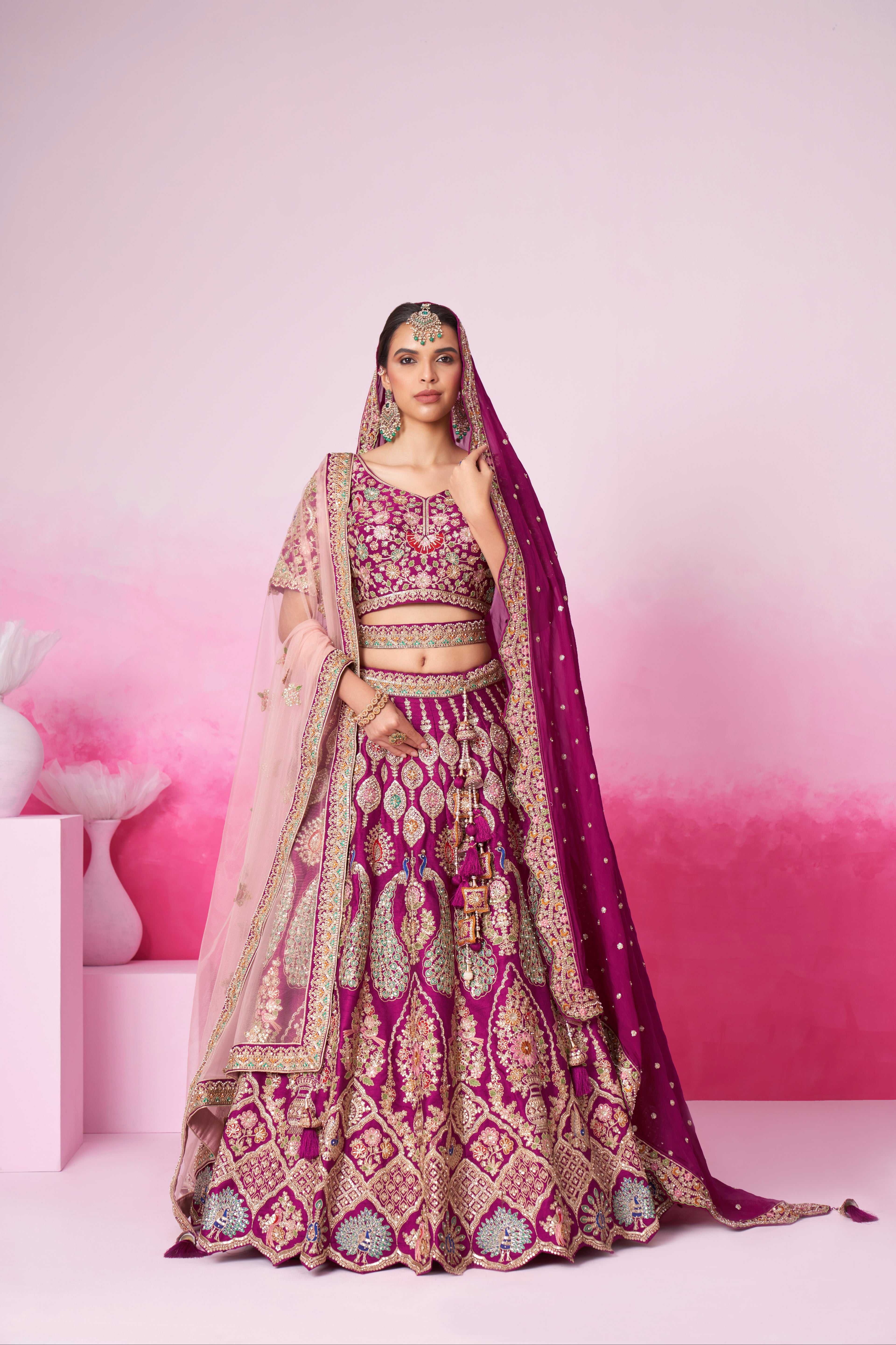 Burgundy Pure Silk Sequins Embroidery Bridal Lehenga Choli &amp; Dupatta