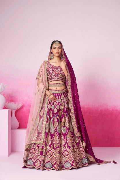 Burgundy Pure Silk Sequins Embroidery Bridal Lehenga Choli &amp; Dupatta