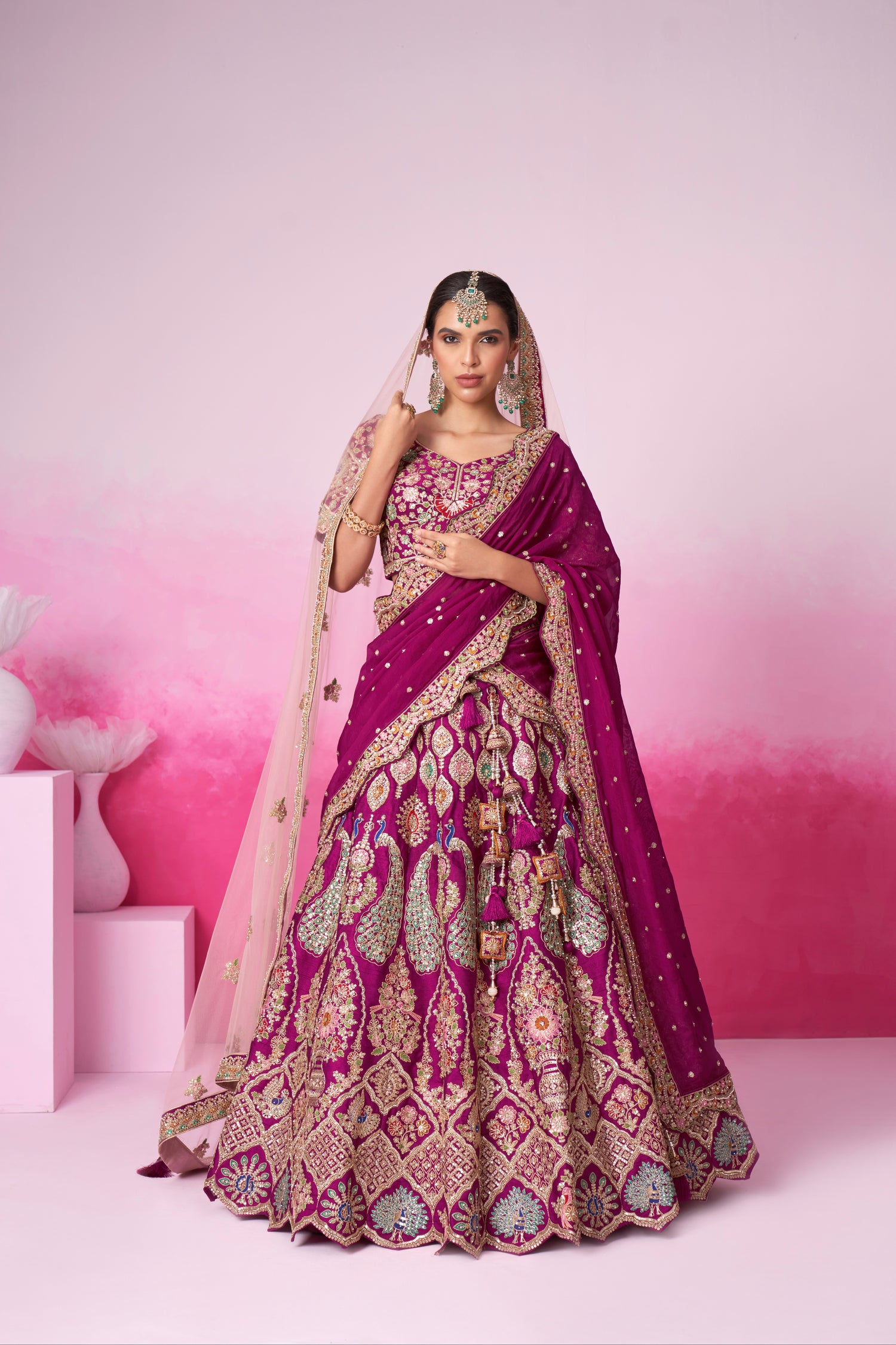 Burgundy Pure Silk Sequins Embroidery Bridal Lehenga Choli &amp; Dupatta