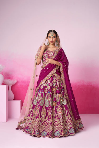 Burgundy Pure Silk Sequins Embroidery Bridal Lehenga Choli &amp; Dupatta
