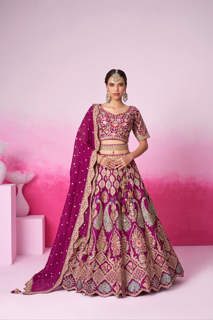 Burgundy Pure Silk Sequins Embroidery Bridal Lehenga Choli &amp; Dupatta