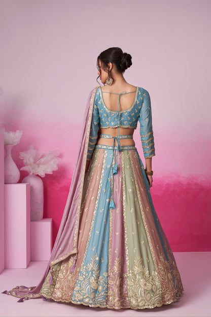 Turquoise Blue &amp; Multi Colour Georgette Sequins Embroidery Lehenga choli &amp; Dupatta