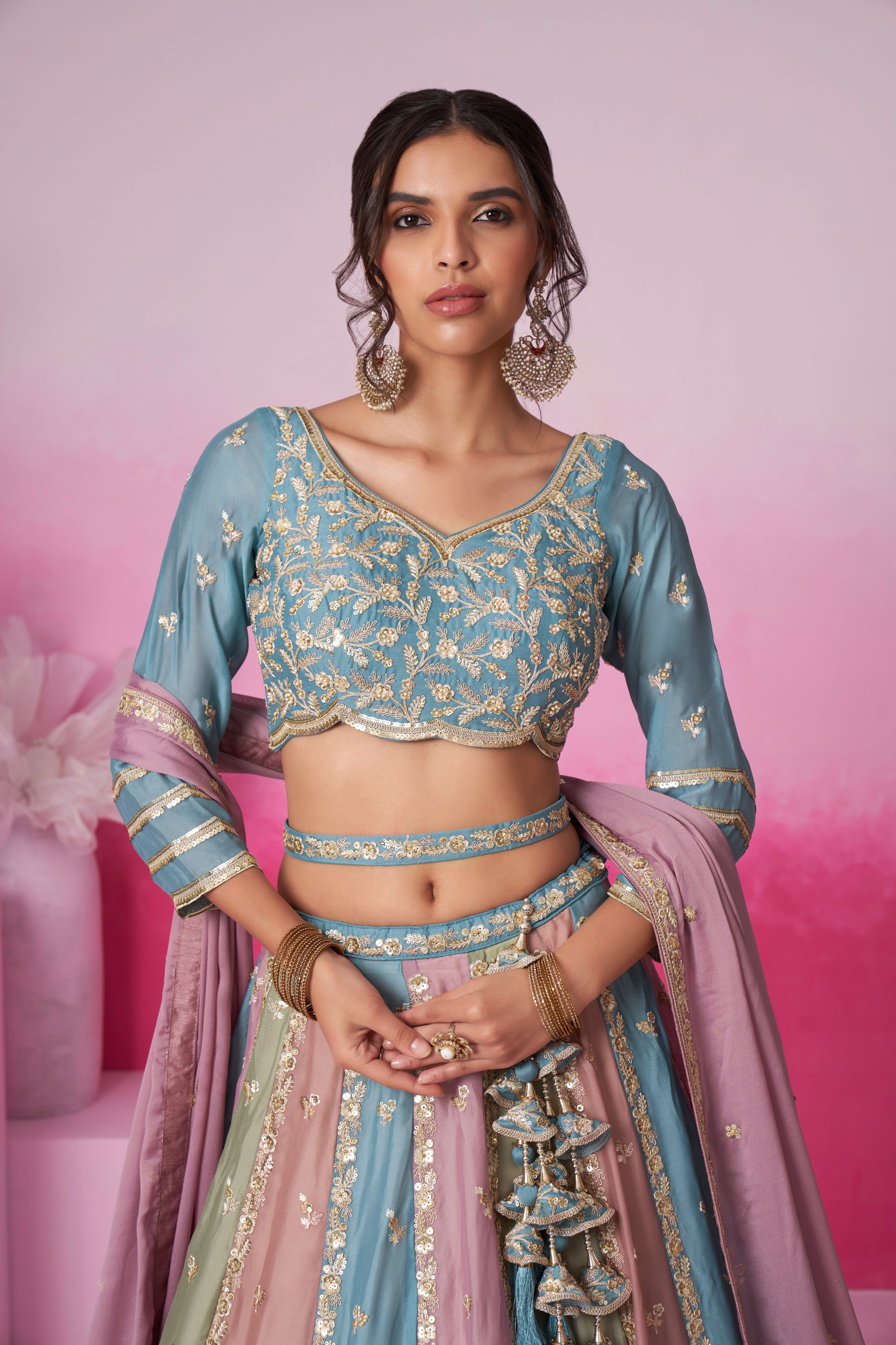Turquoise Blue &amp; Multi Colour Georgette Sequins Embroidery Lehenga choli &amp; Dupatta