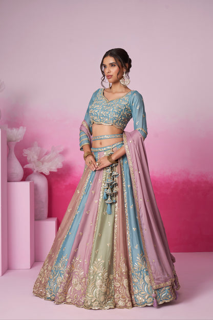Turquoise Blue &amp; Multi Colour Georgette Sequins Embroidery Lehenga choli &amp; Dupatta