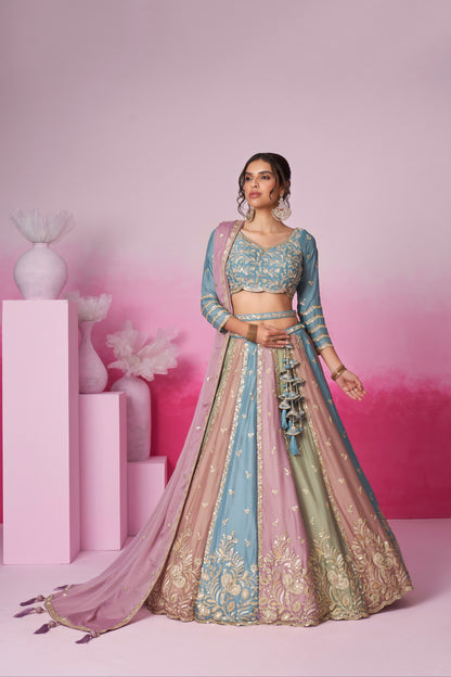 Turquoise Blue &amp; Multi Colour Georgette Sequins Embroidery Lehenga choli &amp; Dupatta