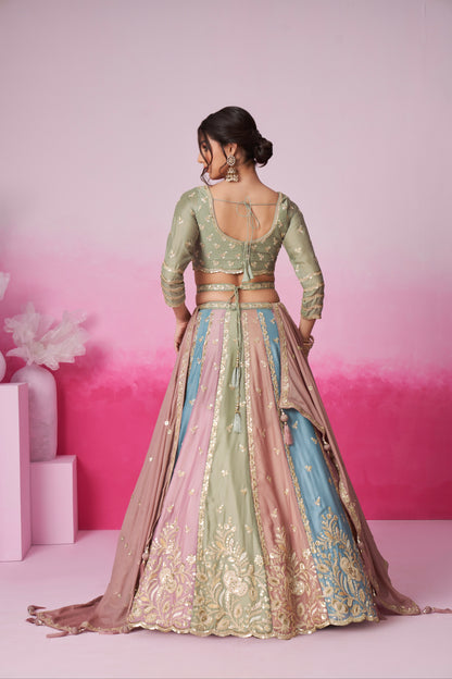 Lime Green &amp; Multi Colour Georgette Sequins Embroidery Lehenga Choli &amp; Dupatta