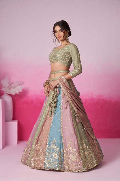 Lime Green &amp; Multi Colour Georgette Sequins Embroidery Lehenga Choli &amp; Dupatta