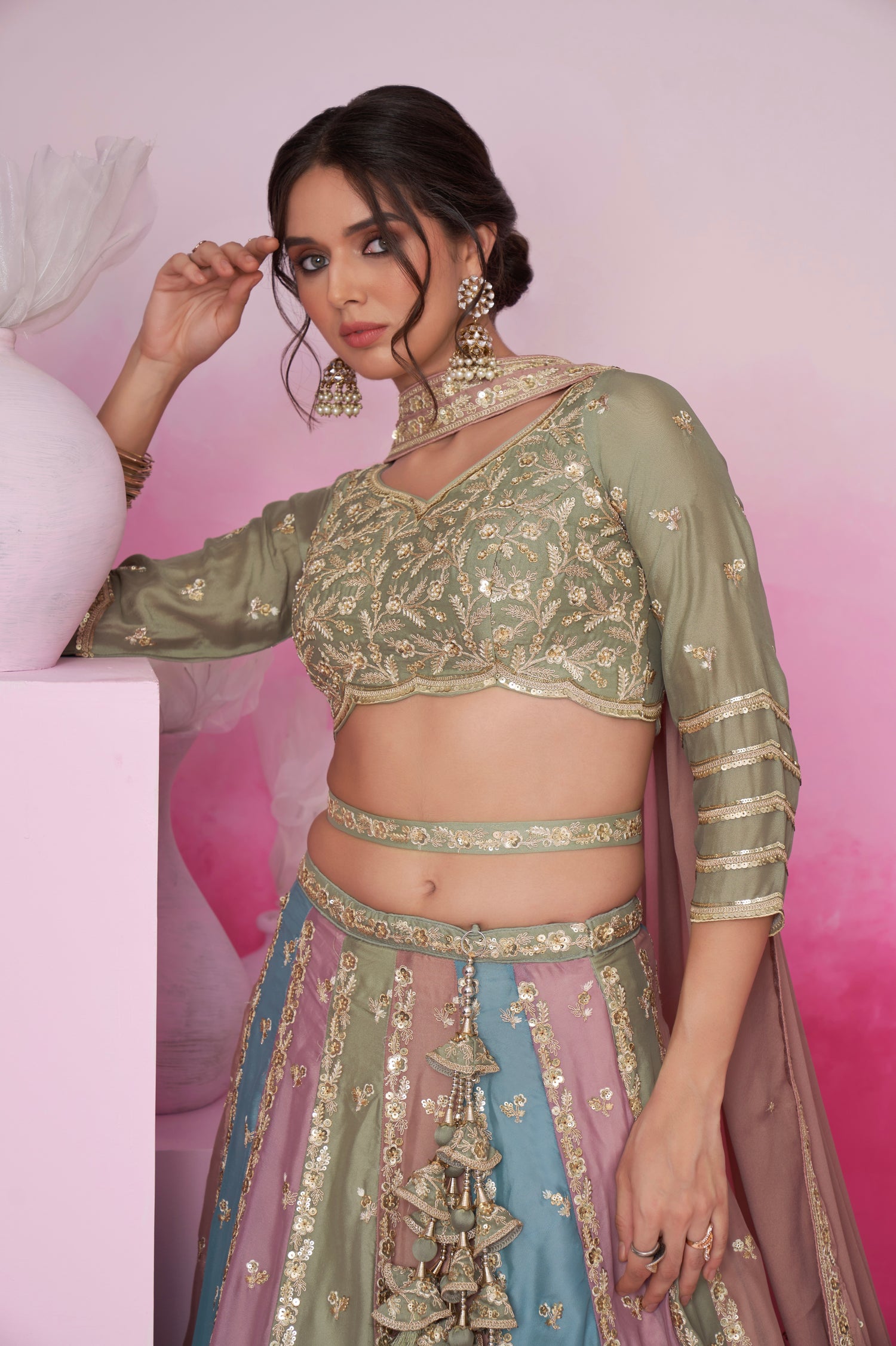Lime Green &amp; Multi Colour Georgette Sequins Embroidery Lehenga Choli &amp; Dupatta