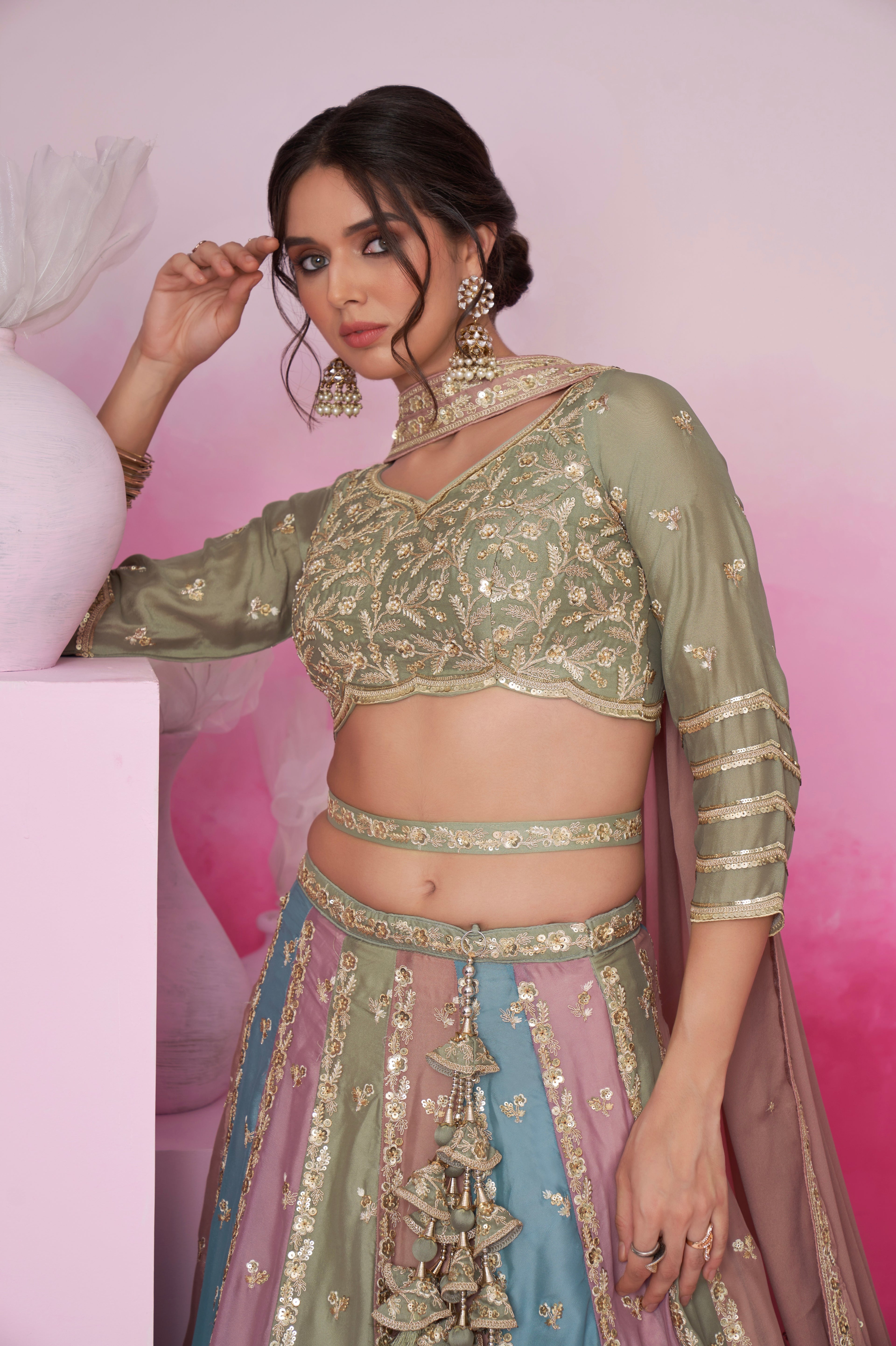 Lime Green &amp; Multi Colour Georgette Sequins Embroidery Lehenga Choli &amp; Dupatta