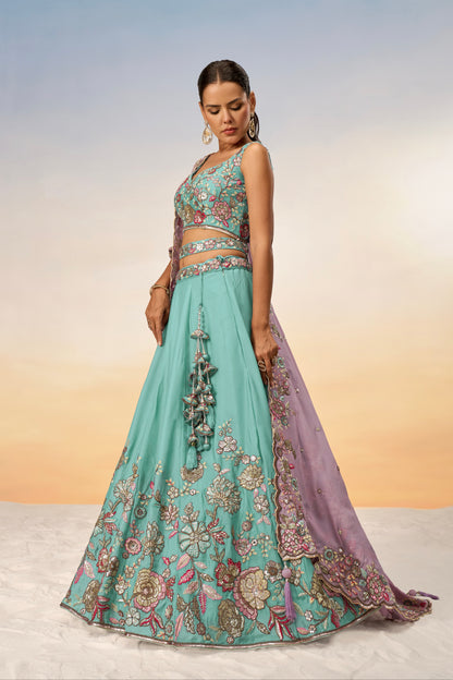 Turquoise Blue Pure Georgette Sequins Embroidery Lehenga Choli &amp; Dupatta