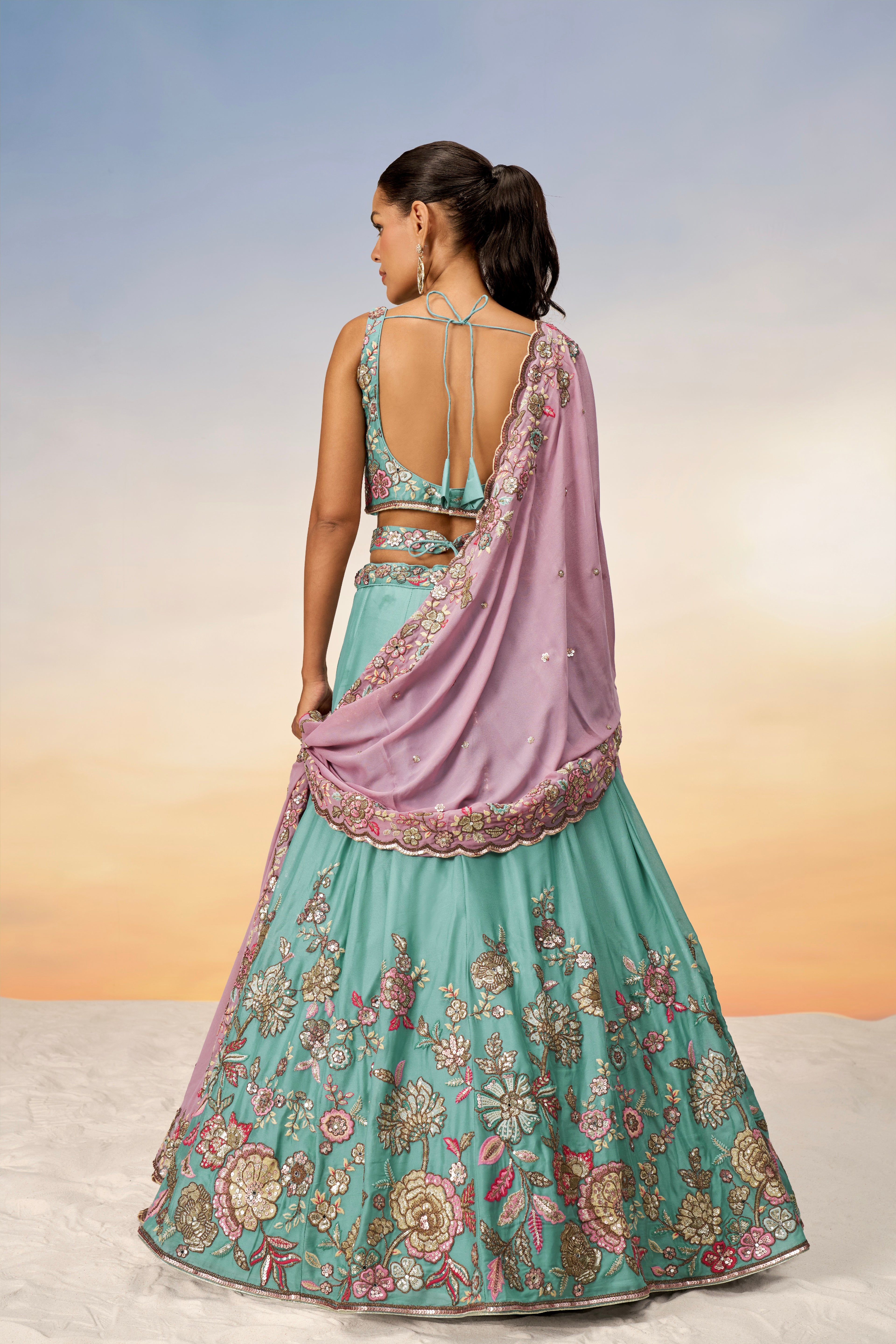 Turquoise Blue Pure Georgette Sequins Embroidery Lehenga Choli &amp; Dupatta
