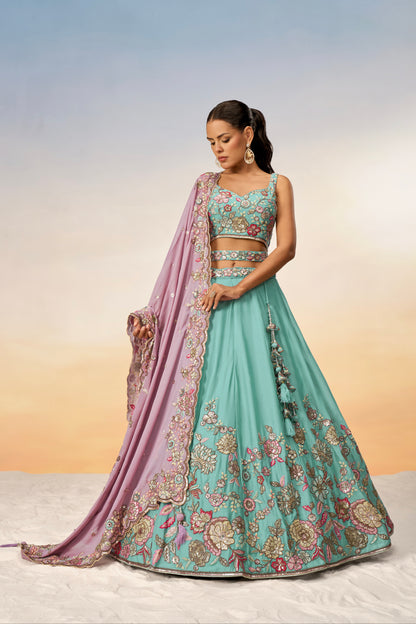 Turquoise Blue Pure Georgette Sequins Embroidery Lehenga Choli &amp; Dupatta